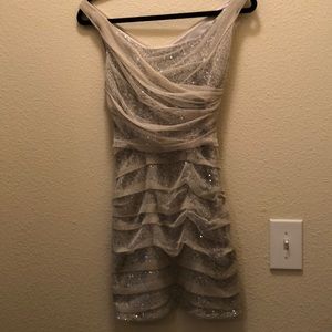 EXPRESS SILVER UNDERLAY SHEER NUDE OVERLAY DRESS